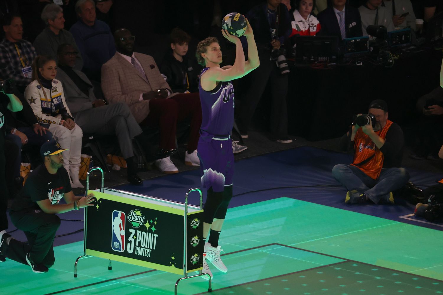 Feb 17, 2024; Indianapolis, IN, USA; Utah Jazz forward Lauri Markkanen (23) competes in the Starry 3-Point Contest during NBA All Star Saturday Night at Lucas Oil Stadium. Mandatory Credit: Trevor Ruszkowski-USA TODAY Sports